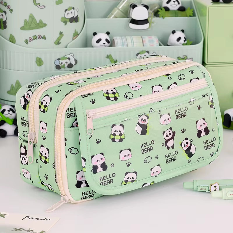 9-Layer Large Capacity Pen Bag Capybara/Panda Canvas Pencil Case Creative Simple Stationery Storage Pouch Lovely Student Gift