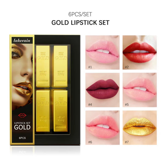 6Pcs Matt Lipstick Set Gold Brick Matte Red Pink Waterproof Long Lasting Lipsticks Lip Tint Girl Lipsticks for Girls Woman Pack
