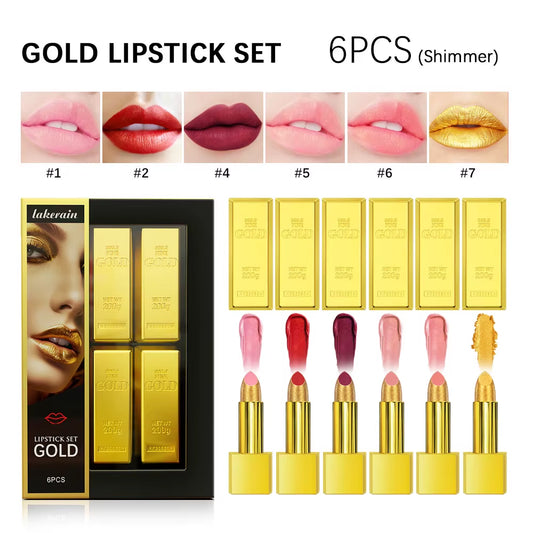 6Pcs Matt Lipstick Set Gold Brick Matte Red Pink Waterproof Long Lasting Lipsticks Lip Tint Girl Lipsticks for Girls Woman Pack