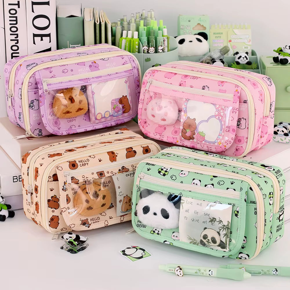 9-Layer Large Capacity Pen Bag Capybara/Panda Canvas Pencil Case Creative Simple Stationery Storage Pouch Lovely Student Gift