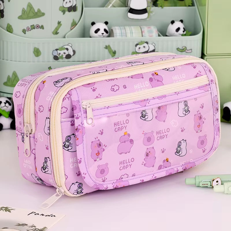 9-Layer Large Capacity Pen Bag Capybara/Panda Canvas Pencil Case Creative Simple Stationery Storage Pouch Lovely Student Gift