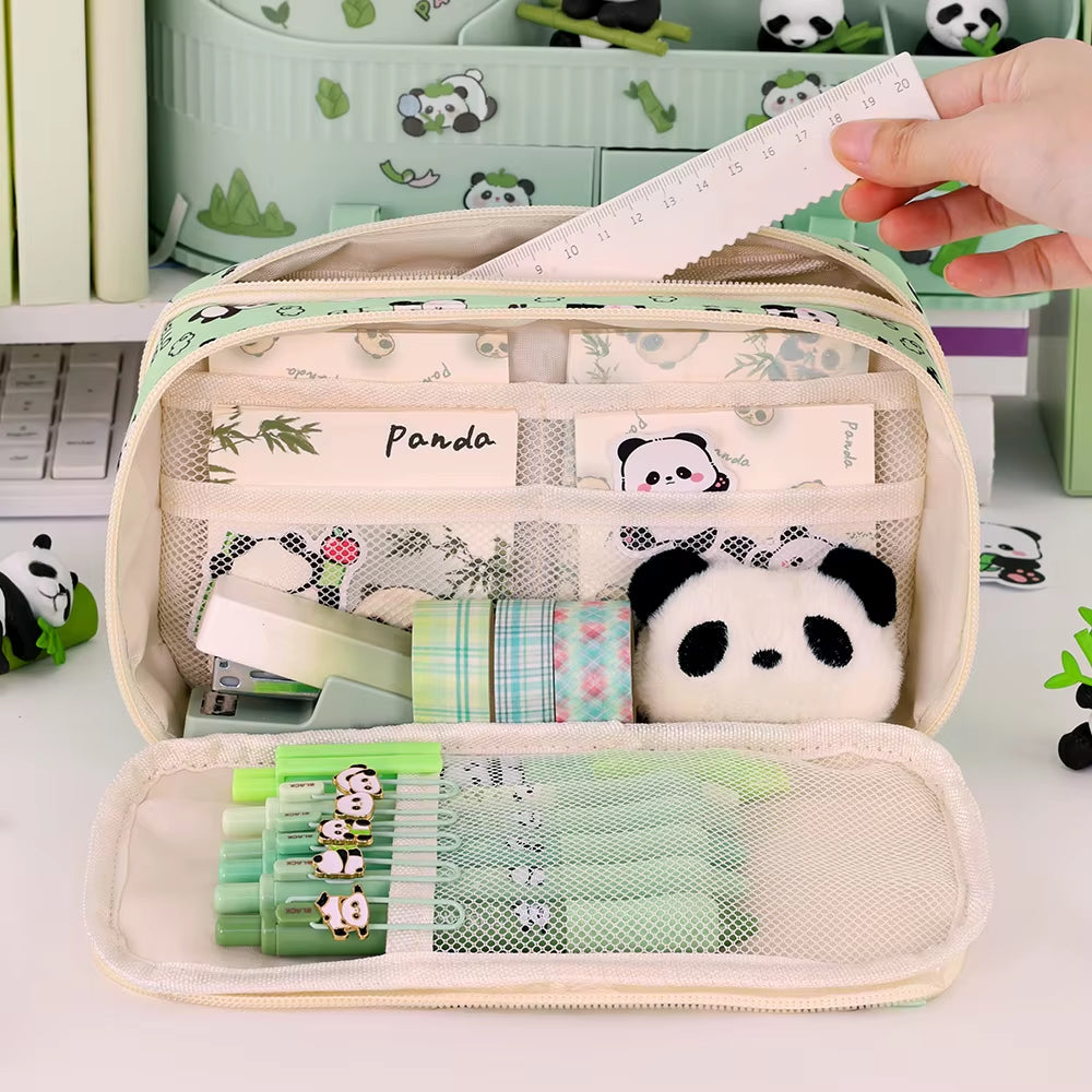9-Layer Large Capacity Pen Bag Capybara/Panda Canvas Pencil Case Creative Simple Stationery Storage Pouch Lovely Student Gift
