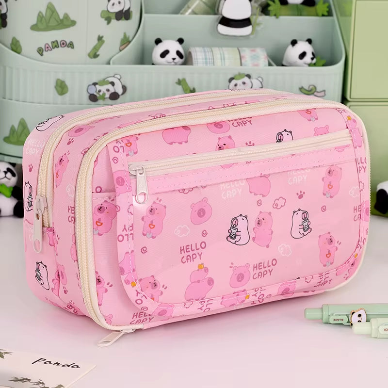 9-Layer Large Capacity Pen Bag Capybara/Panda Canvas Pencil Case Creative Simple Stationery Storage Pouch Lovely Student Gift